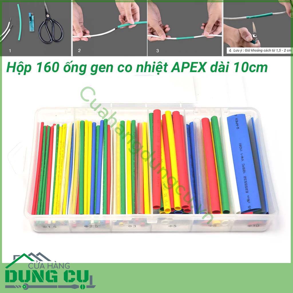 Gen co nhiệt hộp 160 ống dài 10cm&nbsp;được sử dụng chủ yếu trong việc bảo vệ, che chắn các mối hàn nối dây, các đầu dây cần bịt kín, đầu nối dây với các chân cắm, bảo vệ các chi tiết kim loại hở chống rỉ sét, ăn mòn…