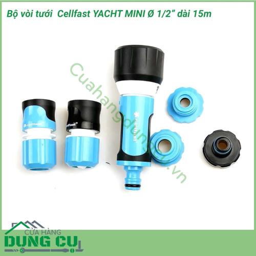 Bộ vòi tưới cây Cellfast YACHT MINI phi 1/2 inch dài 15m thiết kế gọn gàng đẹp mắt, hệ thống 15m dây cuốn gọn trong hộp cùng 1 vòi tưới cây cổ điển  tích hợp 4 chế độ phun tưới tiện dụng thích hợp cho những khu nhà vườn, biệt thự. 