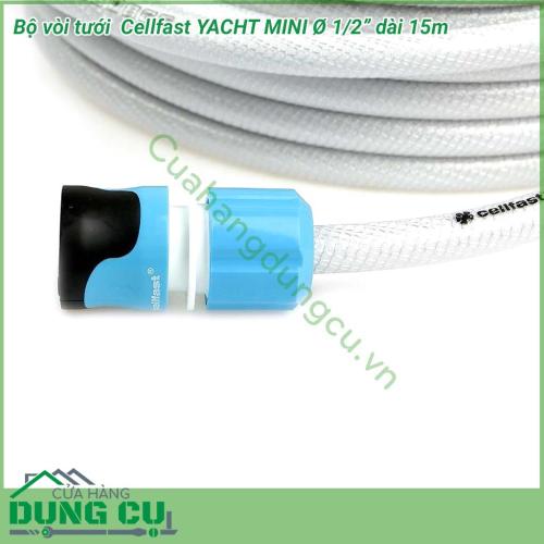 Bộ vòi tưới cây Cellfast YACHT MINI phi 1/2 inch dài 15m thiết kế gọn gàng đẹp mắt, hệ thống 15m dây cuốn gọn trong hộp cùng 1 vòi tưới cây cổ điển  tích hợp 4 chế độ phun tưới tiện dụng thích hợp cho những khu nhà vườn, biệt thự. 