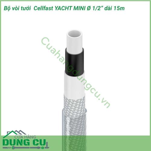 Bộ vòi tưới cây Cellfast YACHT MINI phi 1/2 inch dài 15m thiết kế gọn gàng đẹp mắt, hệ thống 15m dây cuốn gọn trong hộp cùng 1 vòi tưới cây cổ điển  tích hợp 4 chế độ phun tưới tiện dụng thích hợp cho những khu nhà vườn, biệt thự. 