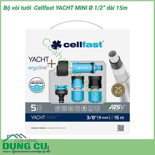 Bộ vòi tưới cây Cellfast YACHT MINI phi 1/2 inch dài 15m thiết kế gọn gàng đẹp mắt, hệ thống 15m dây cuốn gọn trong hộp cùng 1 vòi tưới cây cổ điển  tích hợp 4 chế độ phun tưới tiện dụng thích hợp cho những khu nhà vườn, biệt thự. 