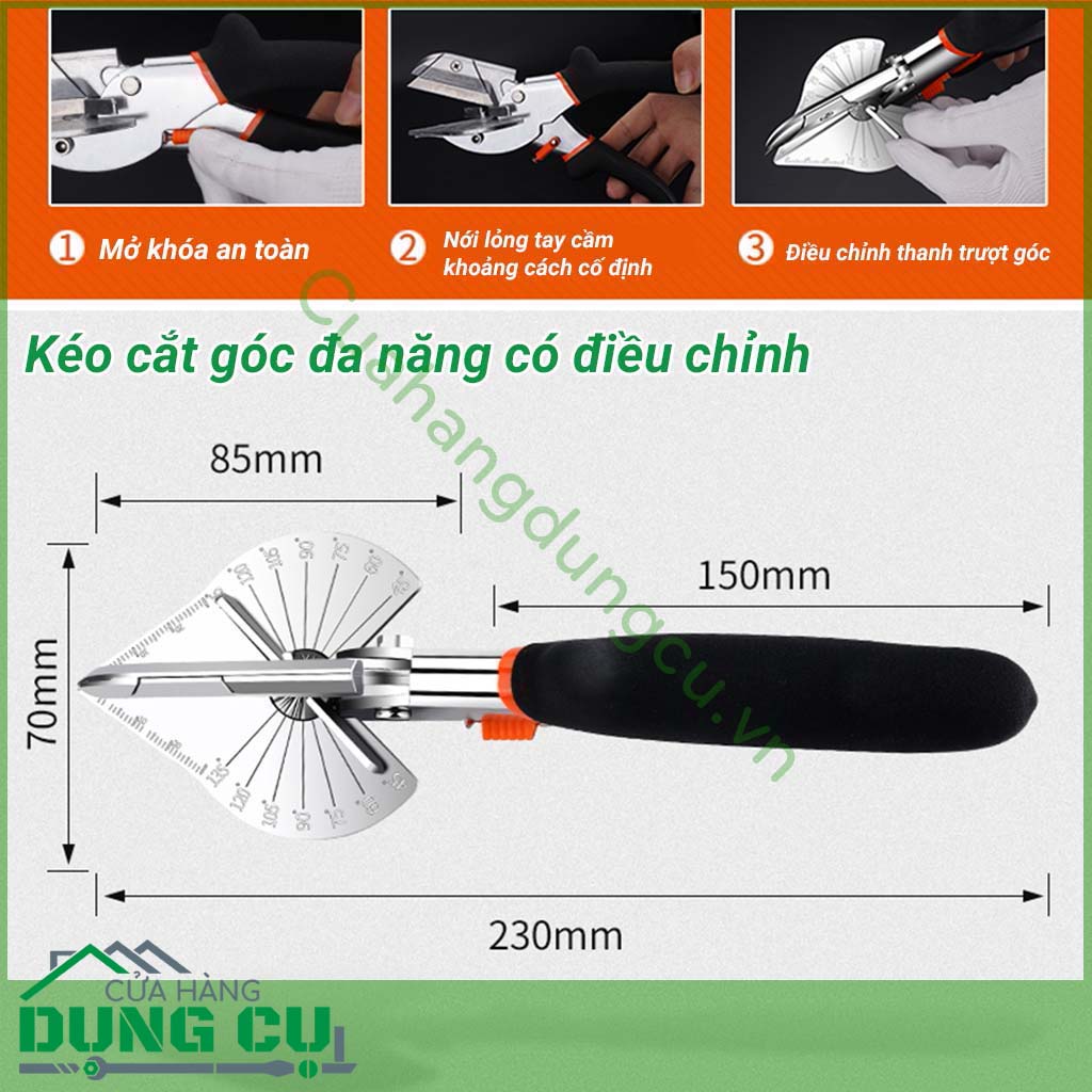 Kéo cắt góc điều chỉnh&nbsp;thiết kế dạng bàn cắt nhỏ chuyên dành cho các thợ sửa chữa nhà cửa, thợ điện chuyên dùng. Cho phép cắt ghép với các góc cắt từ 45° đến 135°.&nbsp;Cắt góc siêu nhanh - siêu chính xác, miếng điều chỉnh góc linh hoạt, vạch số rõ nét