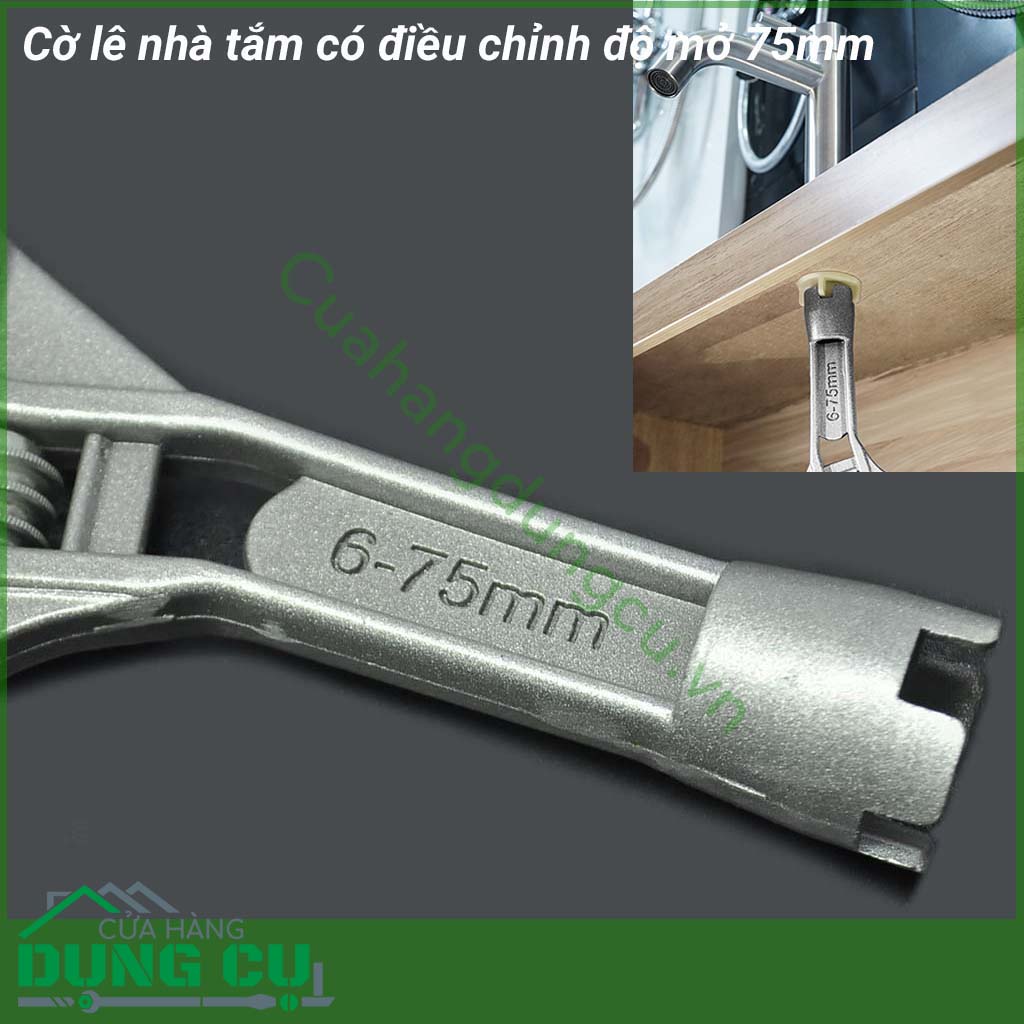 Cờ lê nhà tắm có điều chỉnh độ mở 75mm được thiết kế thông minh, sáng tạo với 1 mặt có răng cưa hình bán nguyệt giúp dễ dàng vặn các ốc. Sản phẩm chuyên sử dụng cho nhà tắm, nhà vệ sinh với các bu lông, đường ống kích cỡ lớn lên tới 75mm.