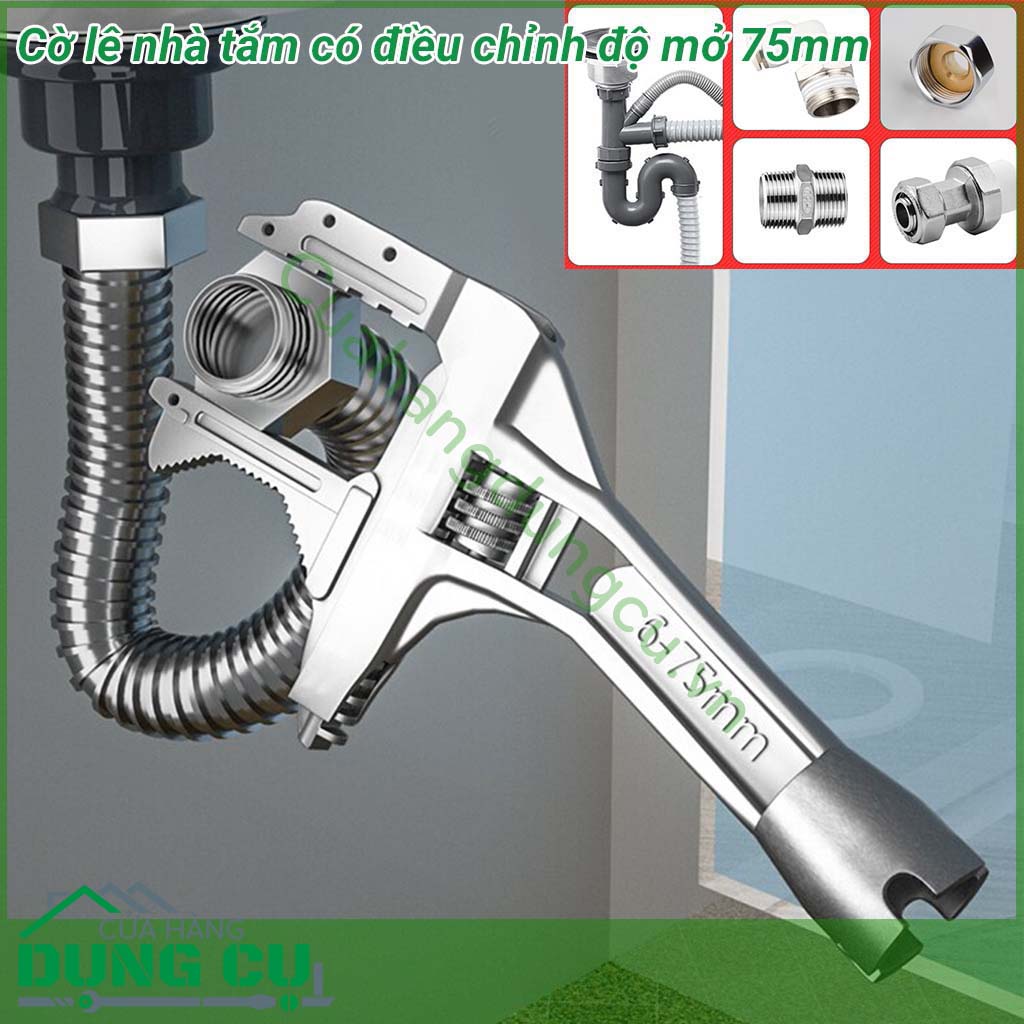 Cờ lê nhà tắm có điều chỉnh độ mở 75mm được thiết kế thông minh, sáng tạo với 1 mặt có răng cưa hình bán nguyệt giúp dễ dàng vặn các ốc. Sản phẩm chuyên sử dụng cho nhà tắm, nhà vệ sinh với các bu lông, đường ống kích cỡ lớn lên tới 75mm.
