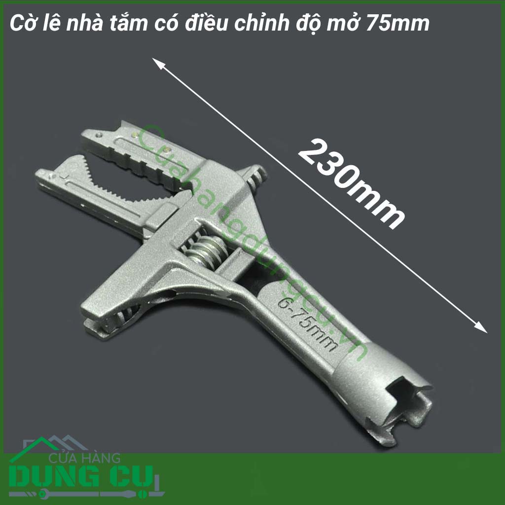 Cờ lê nhà tắm có điều chỉnh độ mở 75mm được thiết kế thông minh, sáng tạo với 1 mặt có răng cưa hình bán nguyệt giúp dễ dàng vặn các ốc. Sản phẩm chuyên sử dụng cho nhà tắm, nhà vệ sinh với các bu lông, đường ống kích cỡ lớn lên tới 75mm.
