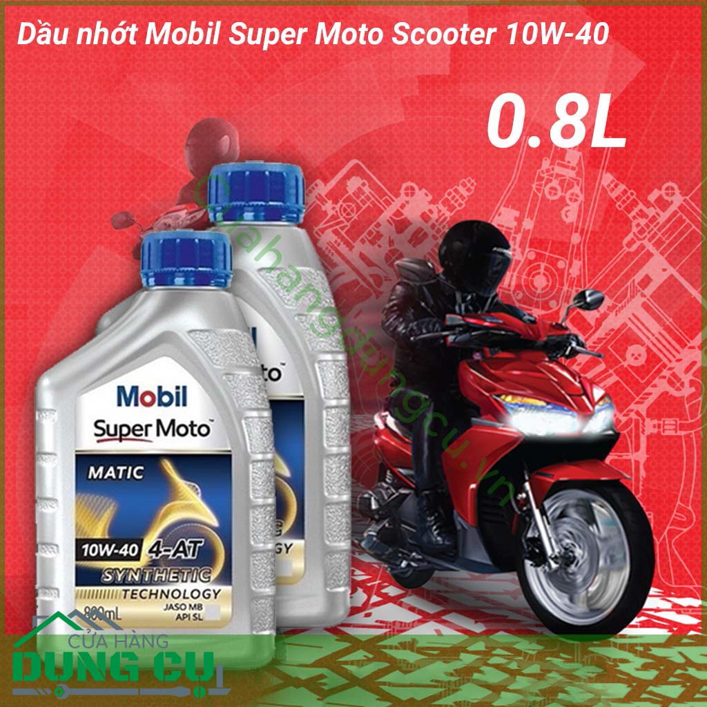Dầu nhớt Mobil Super Moto Scooter 10W-40 0.8L là một loại dầu động cơ xe tay ga bốn thì hiệu suất cao, pha trộn tổng hợp được phát triển cho xe tay ga hiện đại, bảo vệ xe với hộp số tự động, đặc biệt bảo vệ động cơ xe tay ga công suất cao.