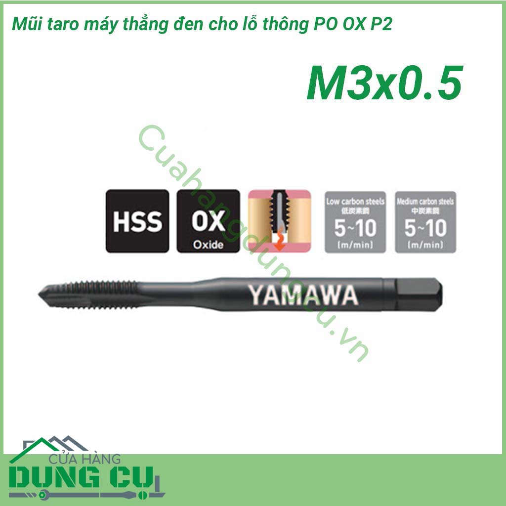 Mũi taro máy thẳng đen PO OX P2 M3x0.5 được làm từ vật liệu làm taro HSS-E OX, cao cấp hơn HSS thường, màu đen, có lớp phủ chống gỉ sét nên làm việc hiệu quả cho các công trình khác nhau từ người dùng.