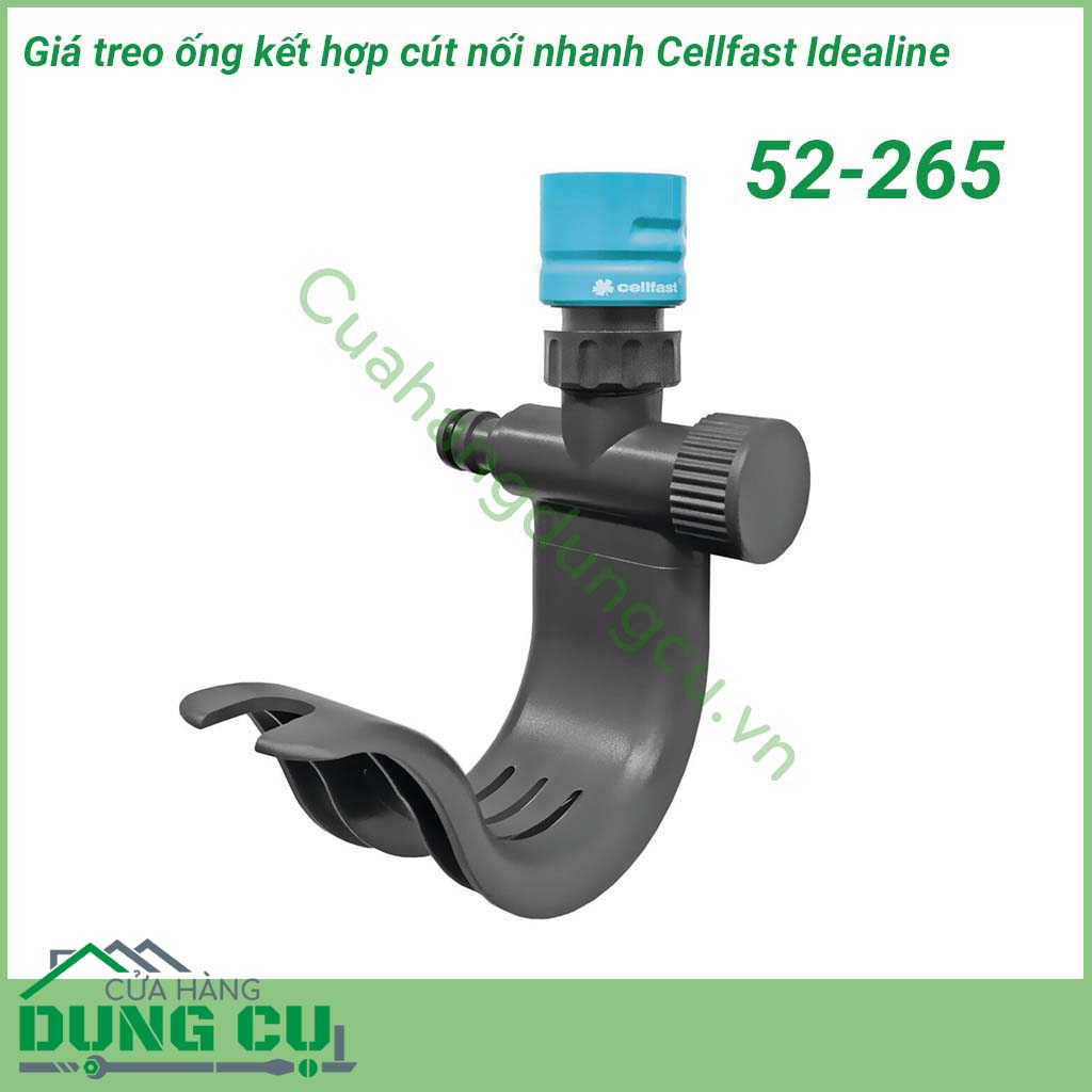 Giá treo ống kết hợp cút nối nhanh Cellfast 52-265 giá treo ống được trang bị các đầu kết nối giúp kết nối ống dẫn đến vòi tưới và các phụ kiện khác.