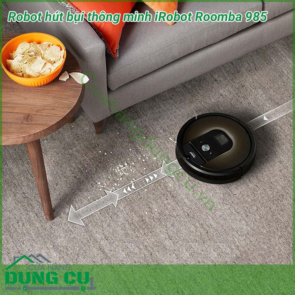 Robot hút bụi thông minh iRobot Roomba 985&nbsp;cho sàn nhà sạch hơn. Robot định vị liên tục để làm sạch từng ngóc ngách ngôi nhà, theo dõi vị trí sạc để có thể quay về sạc và tự động quay lại làm cho đến khi công việc hoàn tất.