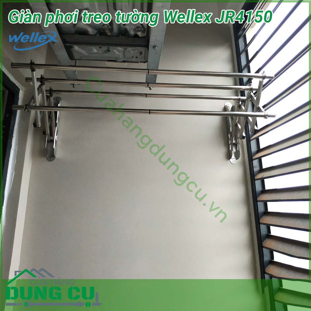 Giá phơi đồ inox co giãn thông minh Wellex JR4150&nbsp;với thiết kế hiện đại, kích thước nhỏ gọn, có thể gấp lại một cách tiện lợi khi không sử dụng. Wellex JR4150 cho bạn thoải mái để đồ, nhu cầu phơi quần áo trên cao mà không tốn nhiều diện tích.