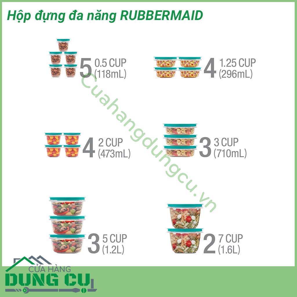 Hộp đựng đa năng 42 món Rubbermaid nhựa crystal chống trầy xước cực tốt.&nbsp;Hộp nắp kín chân không, hoàn toàn không hở khí giúp thực phẩm tươi và giữ mùi vị được lâu hơn. Hộp cực kỳ an toàn khi sử dụng cho lò vi sóng và máy rửa chén.