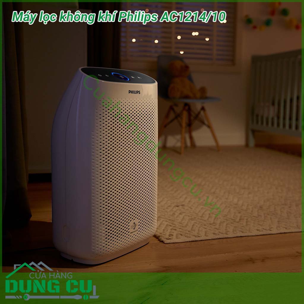 Máy lọc không khí Philips AC1214/10 làm sạch các phòng có diện tích lên tới 63 m2 và loại bỏ hiệu quả các chất gây dị ứng, khói, bụi mịn, mùi, vi khuẩn virus