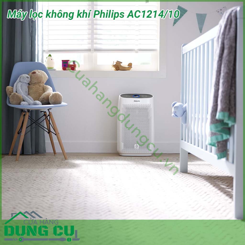 Máy lọc không khí Philips AC1214/10 làm sạch các phòng có diện tích lên tới 63 m2 và loại bỏ hiệu quả các chất gây dị ứng, khói, bụi mịn, mùi, vi khuẩn virus