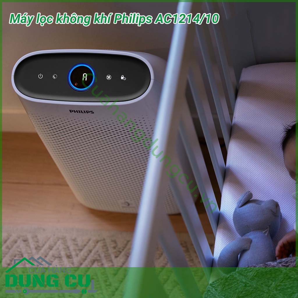 Máy lọc không khí Philips AC1214/10 làm sạch các phòng có diện tích lên tới 63 m2 và loại bỏ hiệu quả các chất gây dị ứng, khói, bụi mịn, mùi, vi khuẩn virus