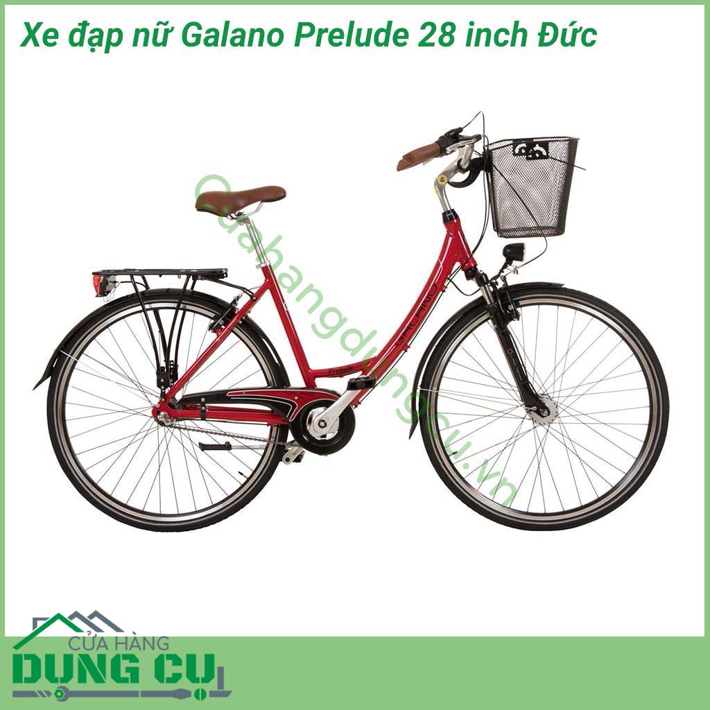 Xe đạp nữ Galano Prelude 28 inch Đức&nbsp;lấy cảm hứng dựa trên thiết kế xe đạp cổ điển Hà Lan.&nbsp;Giỏ xe phía trước có thể tháo rời dễ dàng giúp việc mua sắm trở nên thuận tiện. Yên xe rộng thoải mái&nbsp;mặt trên bằng da tổng hợp.&nbsp;