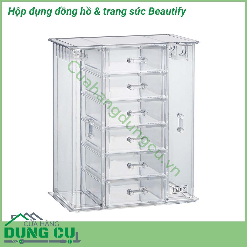 Hộp đựng đồng hồ & trang sức Beautify&nbsp;thiết kế trẻ trung, năng động. Hộp đựng trong suốt chắc chắn với nhiều ngăn giúp bảo quản trang sức, đồng hồ của bạn tránh khỏi trầy xước bụi bẩn, mối mọt, côn trùng, đồng thời cũng sắp xếp chúng gọn gàng, ngăn nắp.