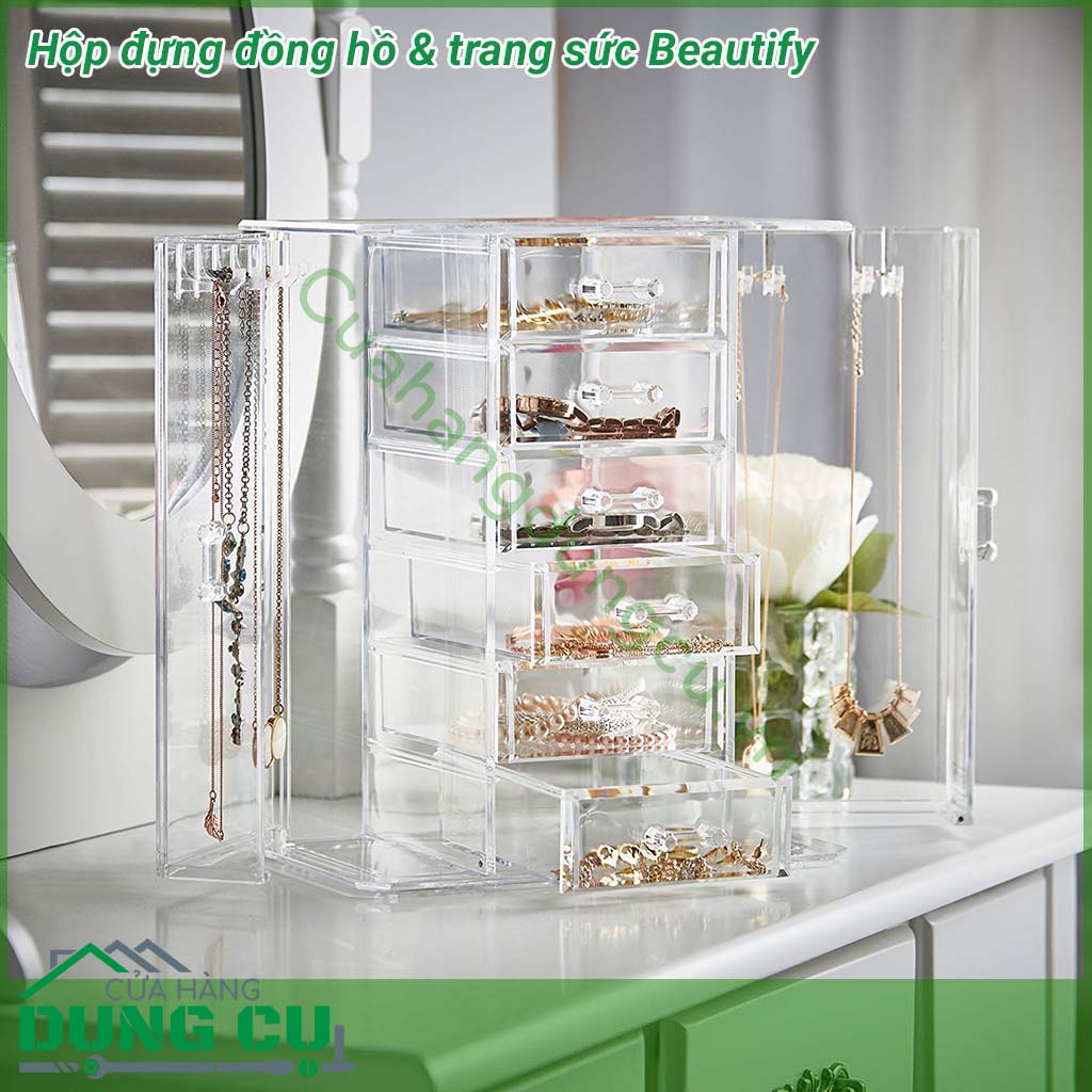Hộp đựng đồng hồ & trang sức Beautify&nbsp;thiết kế trẻ trung, năng động. Hộp đựng trong suốt chắc chắn với nhiều ngăn giúp bảo quản trang sức, đồng hồ của bạn tránh khỏi trầy xước bụi bẩn, mối mọt, côn trùng, đồng thời cũng sắp xếp chúng gọn gàng, ngăn nắp.