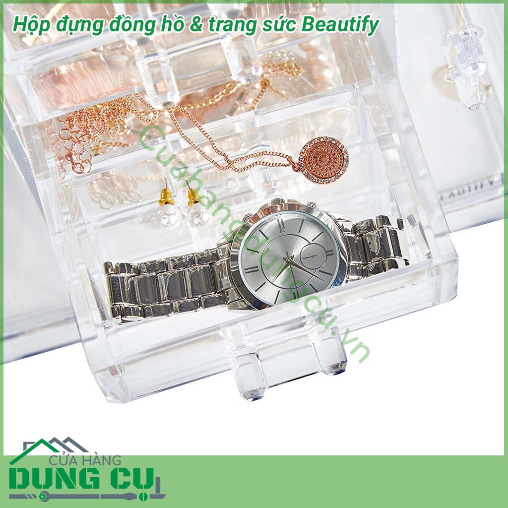 Hộp đựng đồng hồ & trang sức Beautify&nbsp;thiết kế trẻ trung, năng động. Hộp đựng trong suốt chắc chắn với nhiều ngăn giúp bảo quản trang sức, đồng hồ của bạn tránh khỏi trầy xước bụi bẩn, mối mọt, côn trùng, đồng thời cũng sắp xếp chúng gọn gàng, ngăn nắp.