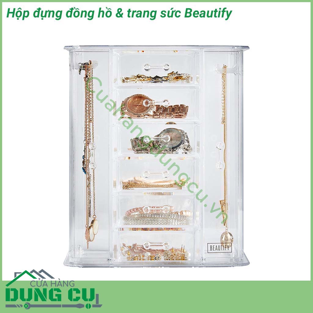Hộp đựng đồng hồ & trang sức Beautify&nbsp;thiết kế trẻ trung, năng động. Hộp đựng trong suốt chắc chắn với nhiều ngăn giúp bảo quản trang sức, đồng hồ của bạn tránh khỏi trầy xước bụi bẩn, mối mọt, côn trùng, đồng thời cũng sắp xếp chúng gọn gàng, ngăn nắp.