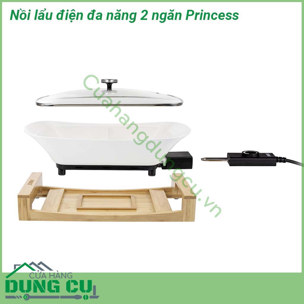 Nồi lẩu điện đa năng 2 ngăn Princess&nbsp;với thiết kế 2 ngăn riêng biệt, có thể chế biến với 2 loại nước lẩu khác nhau.&nbsp;Kiểu dáng đẹp, sang trọng, tay cầm vững chắc, nhẹ và cách nhiệt cách điện đem lại sự an toàn tuyệt đối cho các bà nội trợ