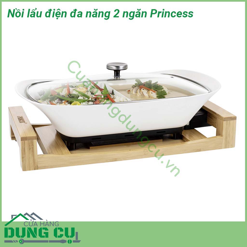 Nồi lẩu điện đa năng 2 ngăn Princess&nbsp;với thiết kế 2 ngăn riêng biệt, có thể chế biến với 2 loại nước lẩu khác nhau.&nbsp;Kiểu dáng đẹp, sang trọng, tay cầm vững chắc, nhẹ và cách nhiệt cách điện đem lại sự an toàn tuyệt đối cho các bà nội trợ