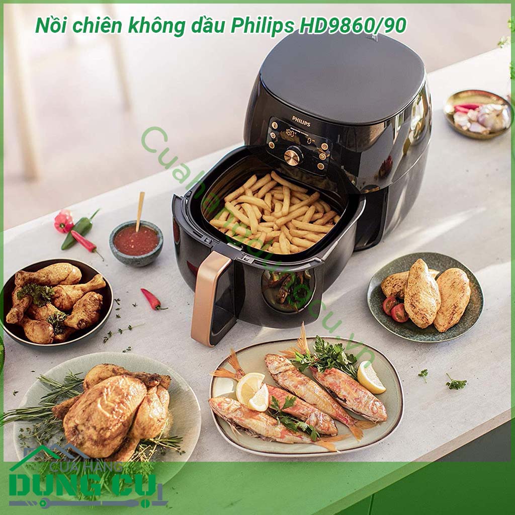 Nồi chiên không dầu Philips HD9860 90&nbsp;công suất lớn cùng công nghệ cảm biến thông minh tự động điều chỉnh thời gian và nhiệt độ &nbsp;cho ra món ăn hoàn hảo tròn vị đúng ý mà không cần căn chỉnh hay canh nồi