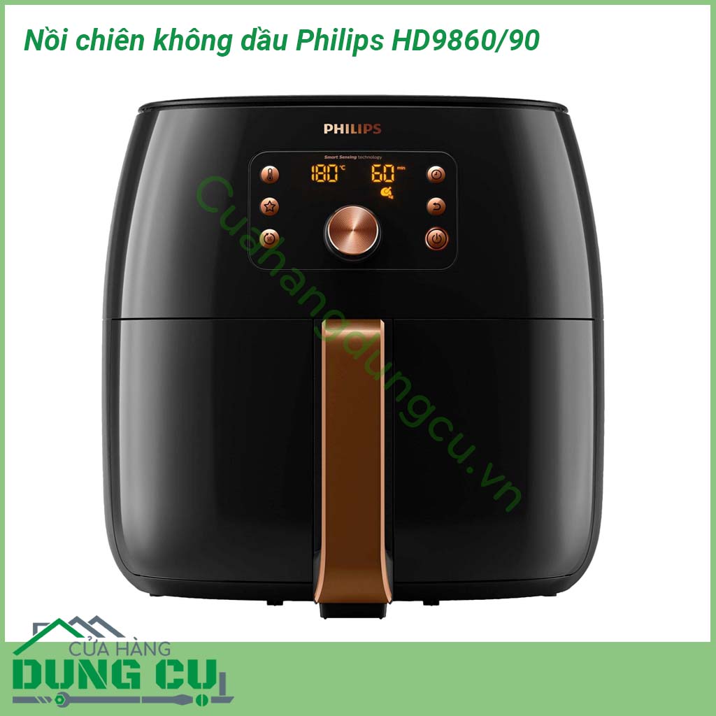 Nồi chiên không dầu Philips HD9860 90&nbsp;công suất lớn cùng công nghệ cảm biến thông minh tự động điều chỉnh thời gian và nhiệt độ &nbsp;cho ra món ăn hoàn hảo tròn vị đúng ý mà không cần căn chỉnh hay canh nồi