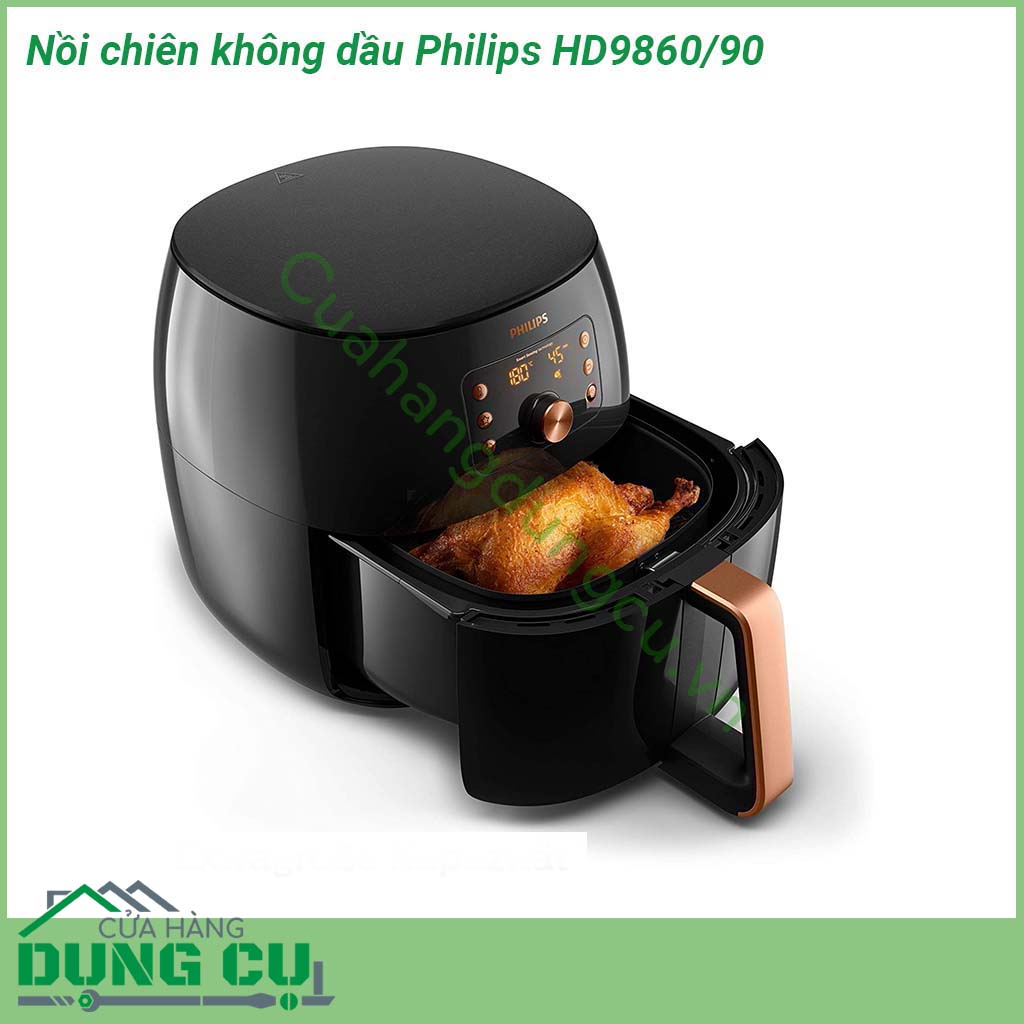 Nồi chiên không dầu Philips HD9860 90&nbsp;công suất lớn cùng công nghệ cảm biến thông minh tự động điều chỉnh thời gian và nhiệt độ &nbsp;cho ra món ăn hoàn hảo tròn vị đúng ý mà không cần căn chỉnh hay canh nồi