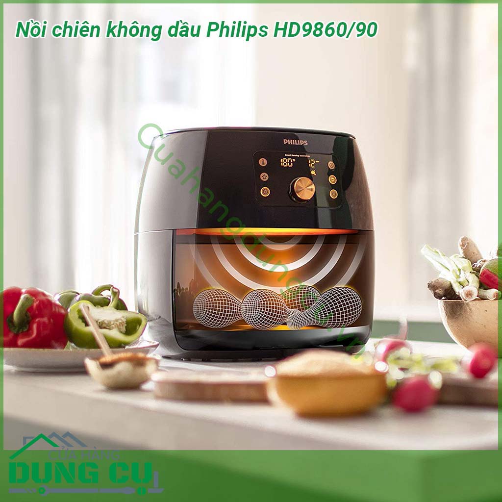 Nồi chiên không dầu Philips HD9860 90&nbsp;công suất lớn cùng công nghệ cảm biến thông minh tự động điều chỉnh thời gian và nhiệt độ &nbsp;cho ra món ăn hoàn hảo tròn vị đúng ý mà không cần căn chỉnh hay canh nồi