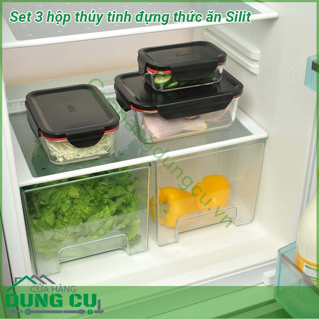 Set 3 hộp thủy tinh đựng thức ăn Silit&nbsp;làm bằng thủy tinh cao cấp chịu nhiệt &nbsp;100 chặt kín ko đổ ra ngoài kể cả đựng chất lỏng khi di chuyển &nbsp;
