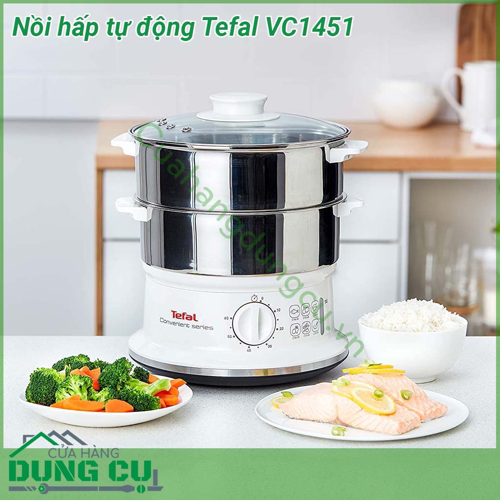 Nồi hấp tự động 2 tầng Tefal VC1451&nbsp;thiết kế nhỏ gọn với 2 xửng hấp bằng thép không gỉ bền an toàn cho sức khỏe &nbsp;với tổng dung tích 6 L đường kính 24cm có thể chứa lượng lớn thực phẩm cùng lúc &nbsp;Các bộ phận của nồi hấp&nbsp;có thể tháo ròi và dễ dàng vệ sinh