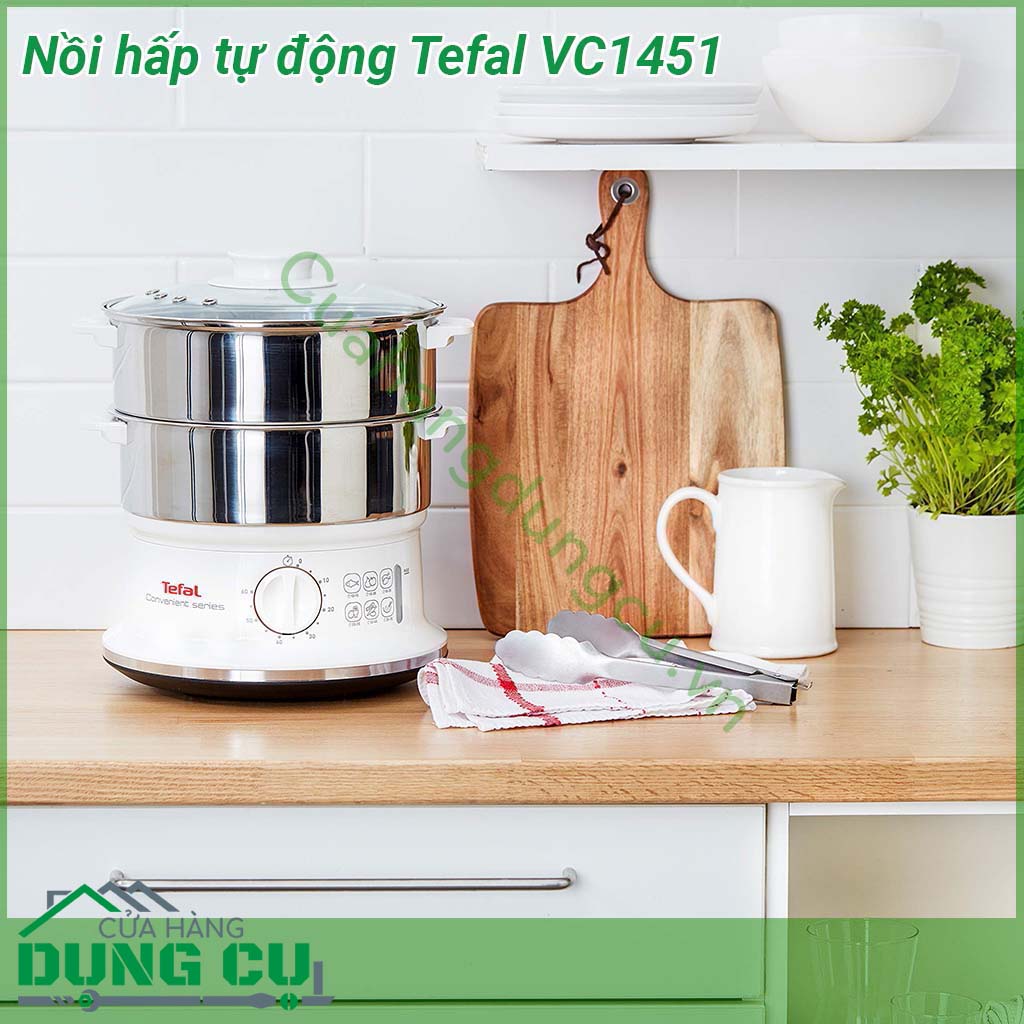Nồi hấp tự động 2 tầng Tefal VC1451&nbsp;thiết kế nhỏ gọn với 2 xửng hấp bằng thép không gỉ bền an toàn cho sức khỏe &nbsp;với tổng dung tích 6 L đường kính 24cm có thể chứa lượng lớn thực phẩm cùng lúc &nbsp;Các bộ phận của nồi hấp&nbsp;có thể tháo ròi và dễ dàng vệ sinh