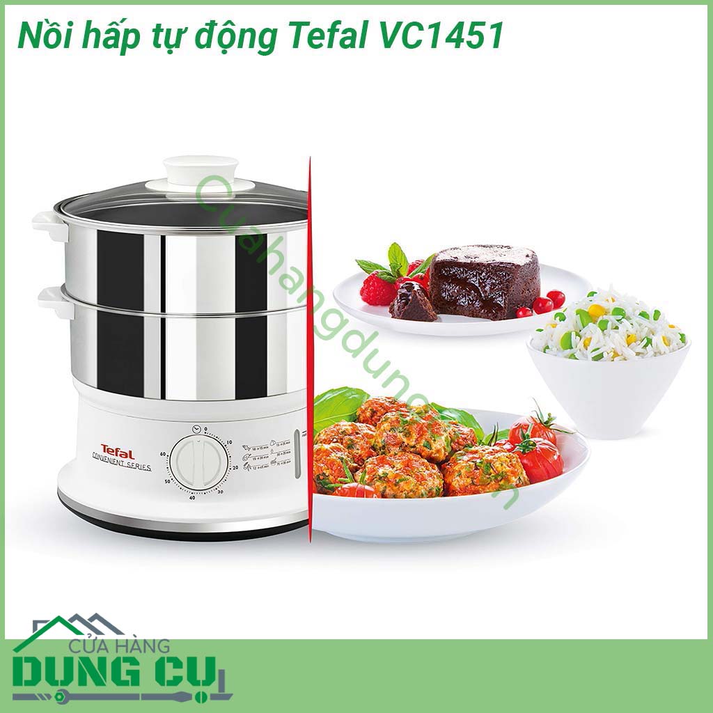 Nồi hấp tự động 2 tầng Tefal VC1451&nbsp;thiết kế nhỏ gọn với 2 xửng hấp bằng thép không gỉ bền an toàn cho sức khỏe &nbsp;với tổng dung tích 6 L đường kính 24cm có thể chứa lượng lớn thực phẩm cùng lúc &nbsp;Các bộ phận của nồi hấp&nbsp;có thể tháo ròi và dễ dàng vệ sinh