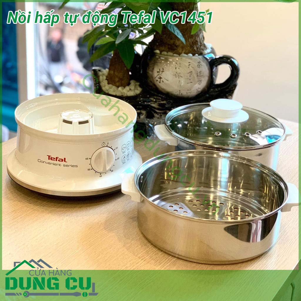 Nồi hấp tự động 2 tầng Tefal VC1451&nbsp;thiết kế nhỏ gọn với 2 xửng hấp bằng thép không gỉ bền an toàn cho sức khỏe &nbsp;với tổng dung tích 6 L đường kính 24cm có thể chứa lượng lớn thực phẩm cùng lúc &nbsp;Các bộ phận của nồi hấp&nbsp;có thể tháo ròi và dễ dàng vệ sinh