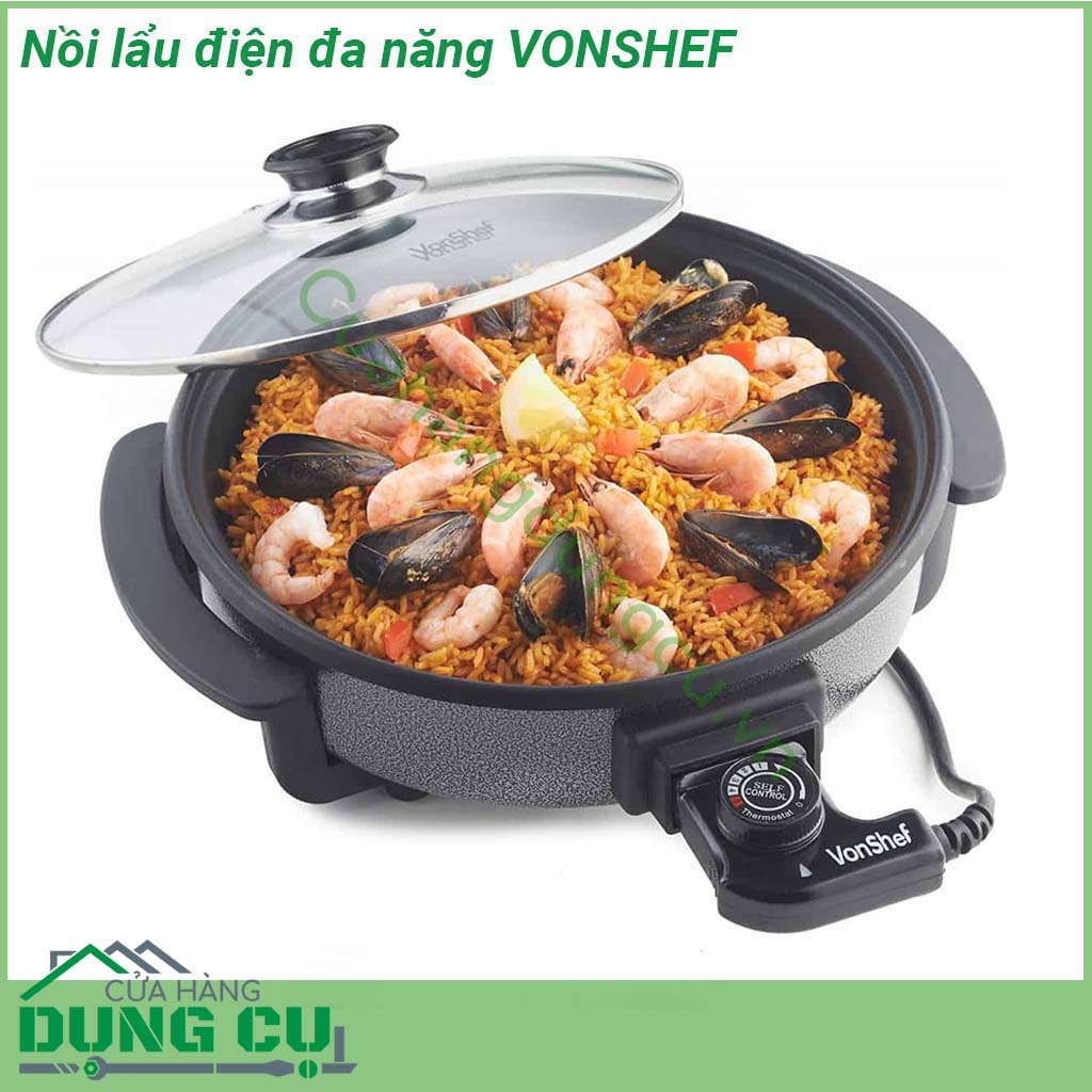 Nồi lẩu điện đa năng VONSHEF&nbsp;với đường kính 28cm nắp kính thủy tinh trong suốt cao cấp&nbsp;có khả năng chịu nhiệt và lực va đập lớn Lớp chống dính&nbsp;an toàn cho sức khỏe đồng thời không sản sinh ra các chất độc hại trong quá trình chế biên thực phẩm