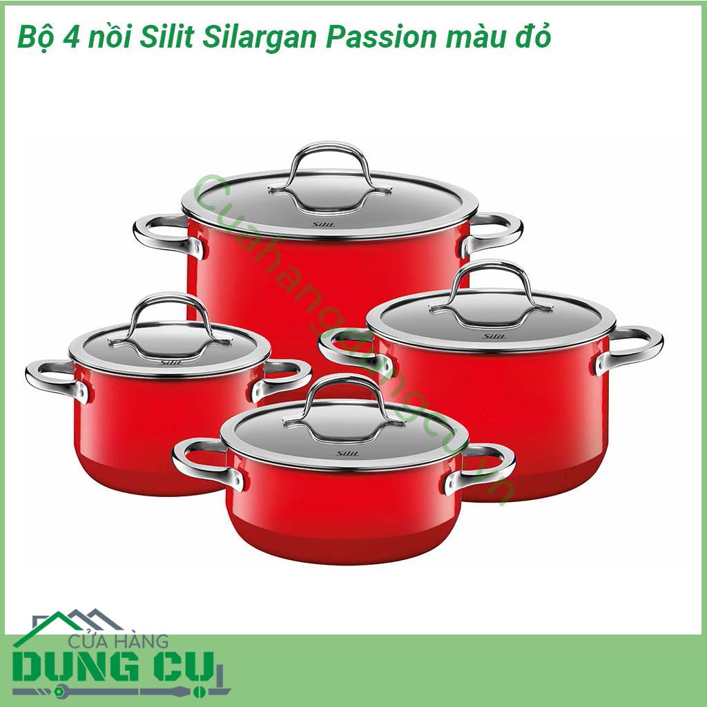 Bộ 4 nồi Silit Silargan Passion màu đỏ được làm từ chất liệu Silargan N67 cao cấp độc quyền của Silit &nbsp;Thân nồi cực dày giữ nhiệt tốt &nbsp;Quai cầm được thiết kế bằng chất liệu thép cách nhiệt rất an toàn &nbsp;Bề mặt sáng bóng và siêu bền chống xước