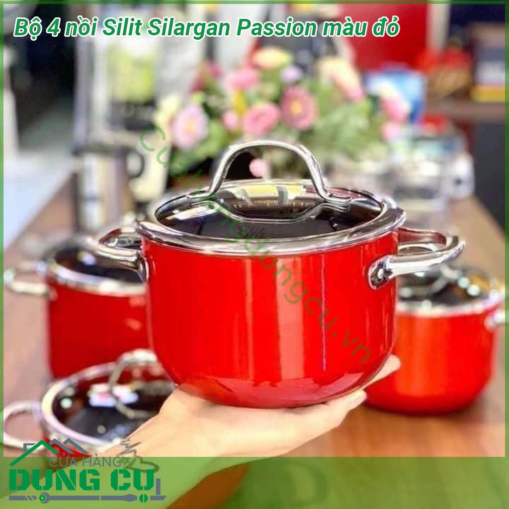 Bộ 4 nồi Silit Silargan Passion màu đỏ được làm từ chất liệu Silargan N67 cao cấp độc quyền của Silit &nbsp;Thân nồi cực dày giữ nhiệt tốt &nbsp;Quai cầm được thiết kế bằng chất liệu thép cách nhiệt rất an toàn &nbsp;Bề mặt sáng bóng và siêu bền chống xước