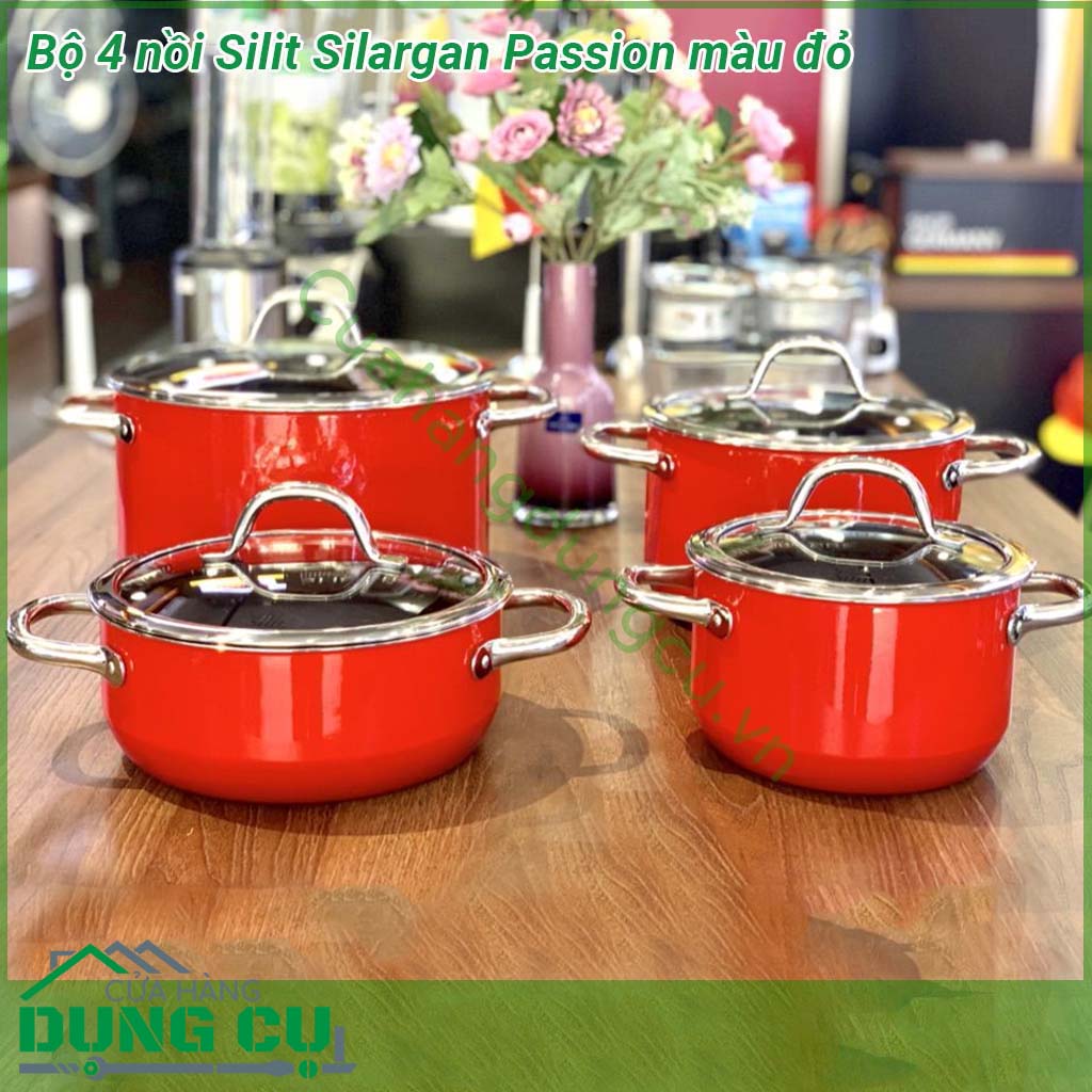 Bộ 4 nồi Silit Silargan Passion màu đỏ được làm từ chất liệu Silargan N67 cao cấp độc quyền của Silit &nbsp;Thân nồi cực dày giữ nhiệt tốt &nbsp;Quai cầm được thiết kế bằng chất liệu thép cách nhiệt rất an toàn &nbsp;Bề mặt sáng bóng và siêu bền chống xước