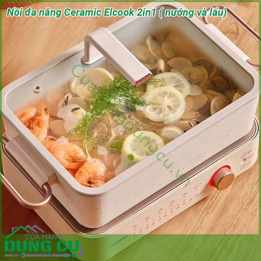 Nồi đa năng nướng lẩu Ceramic Elcook 2in1 thiết kế nhẹ nhàng và sang trọng &nbsp;Toàn bộ lòng nồi phủ gốm ceramic chống dính dễ dàng vệ sinh không chứa chất gây hại cho sức khỏe &nbsp;Tay cầm an toàn dễ dàng di chuyển Nắp nồi bằng thủy tinh chịu nhiệt tốt