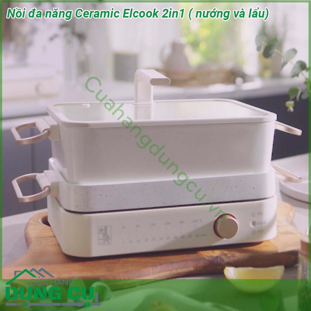 Nồi đa năng nướng lẩu Ceramic Elcook 2in1 thiết kế nhẹ nhàng và sang trọng &nbsp;Toàn bộ lòng nồi phủ gốm ceramic chống dính dễ dàng vệ sinh không chứa chất gây hại cho sức khỏe &nbsp;Tay cầm an toàn dễ dàng di chuyển Nắp nồi bằng thủy tinh chịu nhiệt tốt