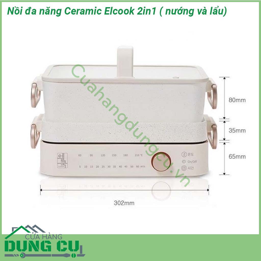 Nồi đa năng nướng lẩu Ceramic Elcook 2in1 thiết kế nhẹ nhàng và sang trọng &nbsp;Toàn bộ lòng nồi phủ gốm ceramic chống dính dễ dàng vệ sinh không chứa chất gây hại cho sức khỏe &nbsp;Tay cầm an toàn dễ dàng di chuyển Nắp nồi bằng thủy tinh chịu nhiệt tốt