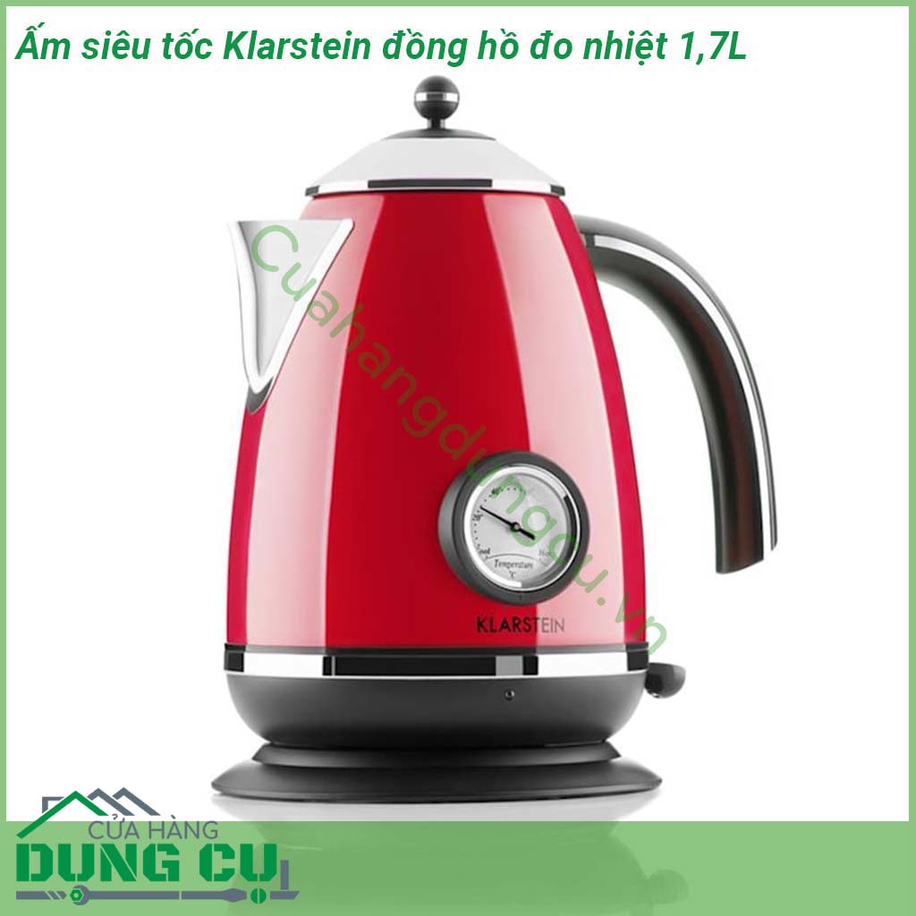 Ấm siêu tốc Klarstein có đồng hồ đo nhiệt độ 1 7L&nbsp;được làm từ chất liệu inox độ bền cao chống ăn mòn Phong cách cổ điển Retro màu đỏ Đặc biệt &nbsp;thân&nbsp;ấm có thiết kế mặt đồng hồ thể hiện nhiệt độ nước khi đun mang đến cho người dùng một cảm giác mới lạ