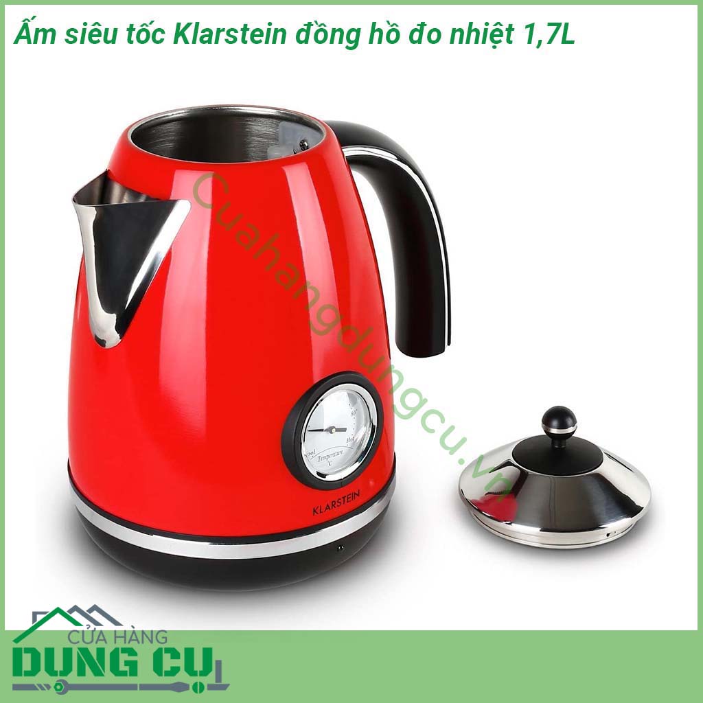 Ấm siêu tốc Klarstein có đồng hồ đo nhiệt độ 1 7L&nbsp;được làm từ chất liệu inox độ bền cao chống ăn mòn Phong cách cổ điển Retro màu đỏ Đặc biệt &nbsp;thân&nbsp;ấm có thiết kế mặt đồng hồ thể hiện nhiệt độ nước khi đun mang đến cho người dùng một cảm giác mới lạ