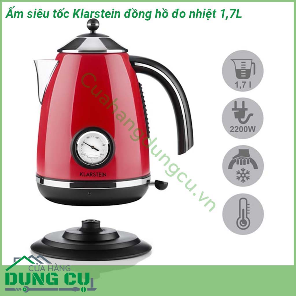 Ấm siêu tốc Klarstein có đồng hồ đo nhiệt độ 1 7L&nbsp;được làm từ chất liệu inox độ bền cao chống ăn mòn Phong cách cổ điển Retro màu đỏ Đặc biệt &nbsp;thân&nbsp;ấm có thiết kế mặt đồng hồ thể hiện nhiệt độ nước khi đun mang đến cho người dùng một cảm giác mới lạ