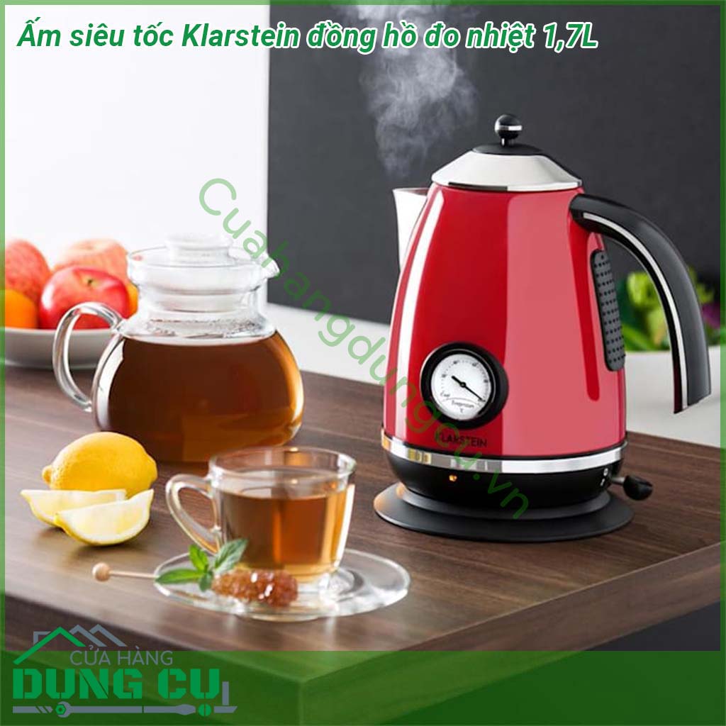 Ấm siêu tốc Klarstein có đồng hồ đo nhiệt độ 1 7L&nbsp;được làm từ chất liệu inox độ bền cao chống ăn mòn Phong cách cổ điển Retro màu đỏ Đặc biệt &nbsp;thân&nbsp;ấm có thiết kế mặt đồng hồ thể hiện nhiệt độ nước khi đun mang đến cho người dùng một cảm giác mới lạ
