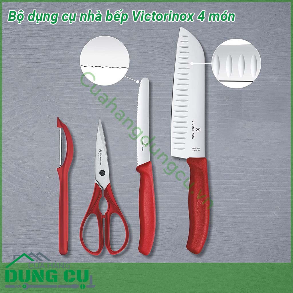 Bộ dụng cụ nhà bếp Victorinox 4 món&nbsp;được làm bằng thép không gỉ&nbsp;siêu sắc nét giúp cho vết cắt mịn đồng đều đẹp mắt Lưỡi dụng cụ&nbsp;thép không gỉ đặc biệt độ sắc nét lâu dài ít yêu cầu mài lại Tay cầm nhựa PP chống bụi bẩn dầu mỡ dễ dàng vệ sinh