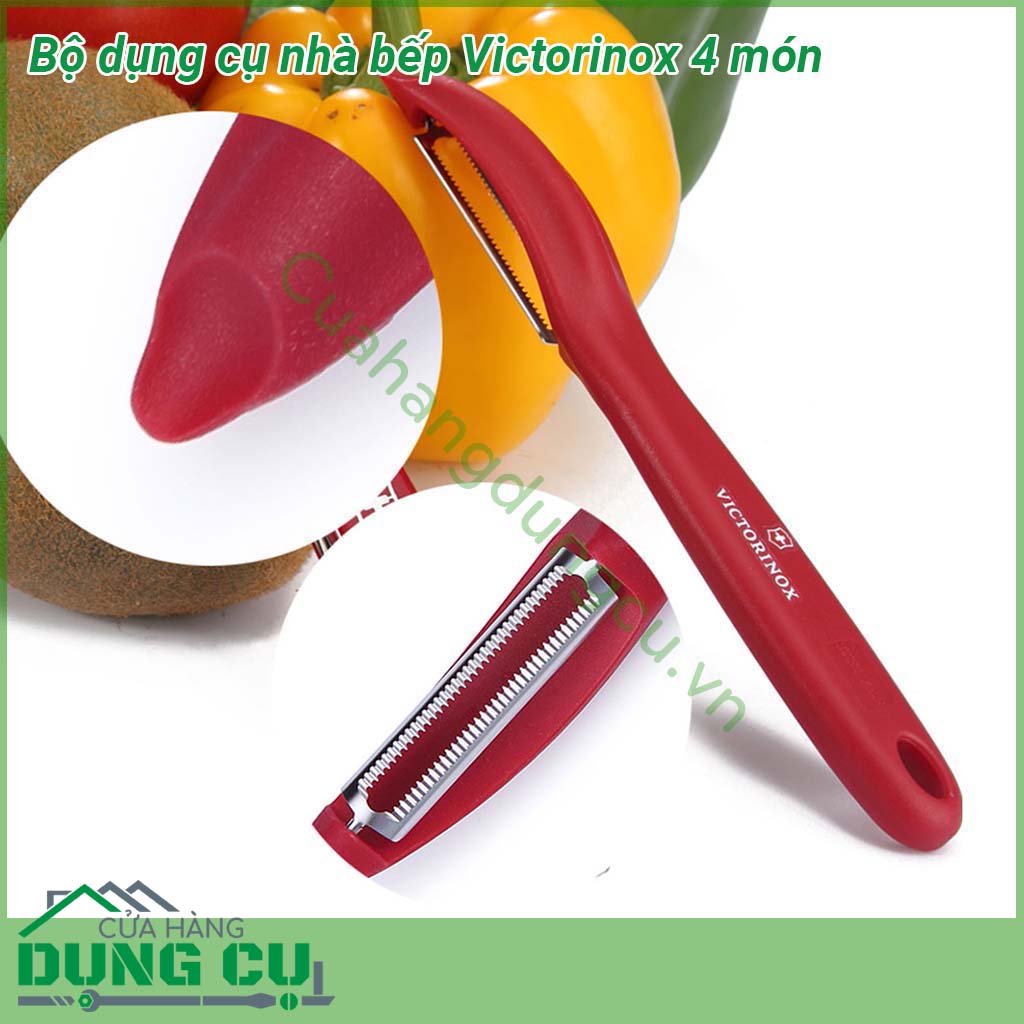 Bộ dụng cụ nhà bếp Victorinox 4 món&nbsp;được làm bằng thép không gỉ&nbsp;siêu sắc nét giúp cho vết cắt mịn đồng đều đẹp mắt Lưỡi dụng cụ&nbsp;thép không gỉ đặc biệt độ sắc nét lâu dài ít yêu cầu mài lại Tay cầm nhựa PP chống bụi bẩn dầu mỡ dễ dàng vệ sinh