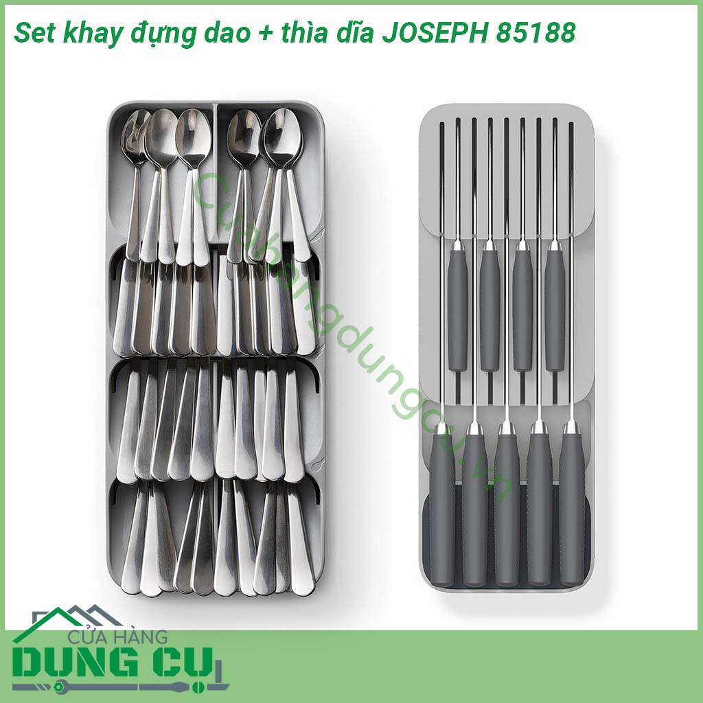 Khay đựng dao thìa dĩa Joseph Joseph 85188&nbsp;được thiết kế hai khay riêng biệt một khay để dao và một khay để thìa dĩa Khay được làm bằng chất liệu cao cấp đảm bảo an toàn khi sử dụng