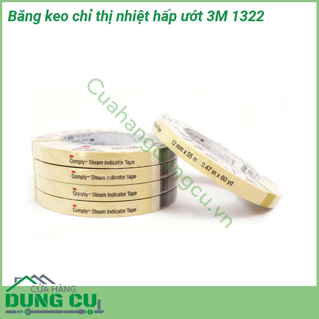 Băng keo chỉ thị nhiệt hấp ướt 3M 1322 là sản phẩm được sử dụng rộng rãi ở các khoa kiểm soát nhiễm khuẩn trong các bệnh viện và một số lĩnh vực khác của đời sống&nbsp;giúp xác định tức thời gói dụng cụ đã qua tiếp xúc với quá trình tiệt trùng hay chưa