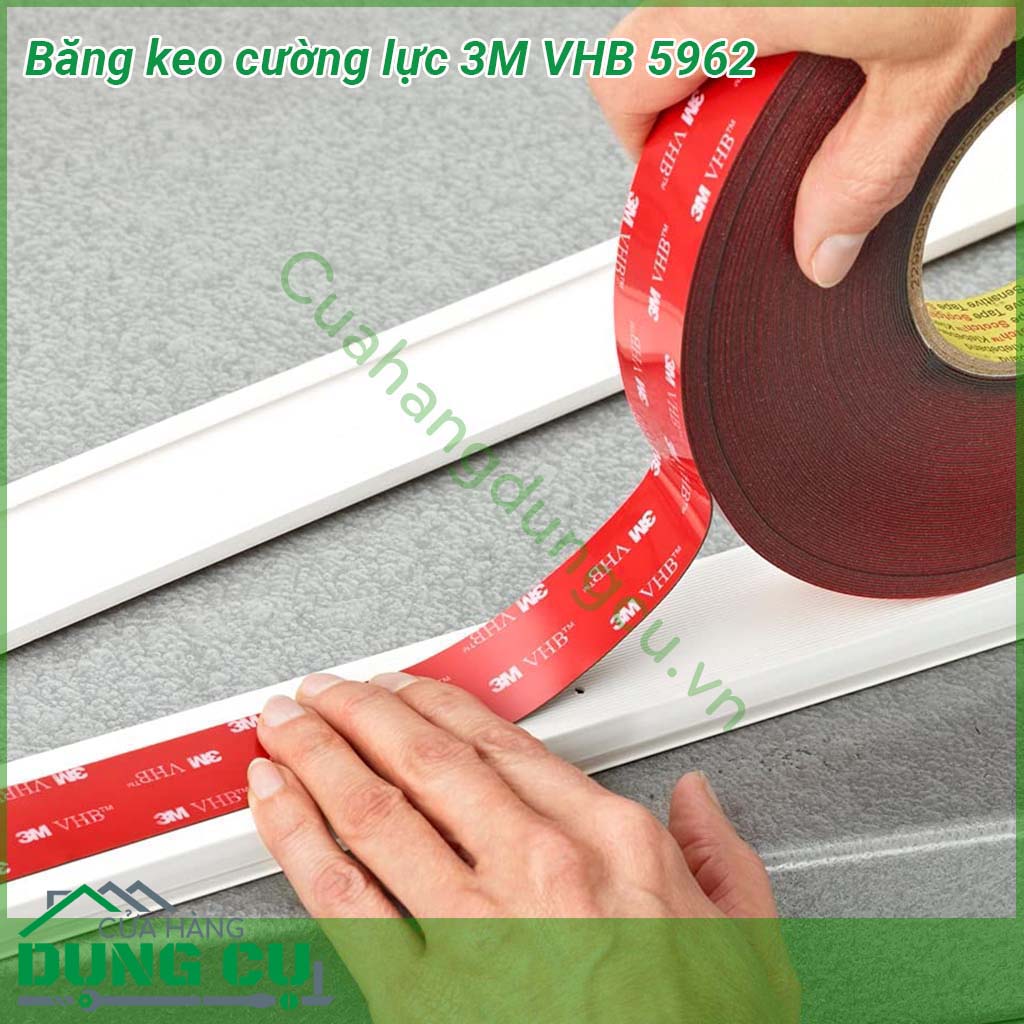 Băng keo cường lực 3M VHB 5962&nbsp;có khả năng chịu lực rất tốt &nbsp;Khả năng chống nứt chống UV và chống nước chống va đập mài mòn Có thể sử dụng cho các ứng dụng trong nhà hoặc ngoài trời Không bị chết keo không để lại keo sau khi lột bỏ